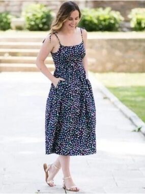 J. Crew Navy dot print Tie-Shoulder Midi Dress